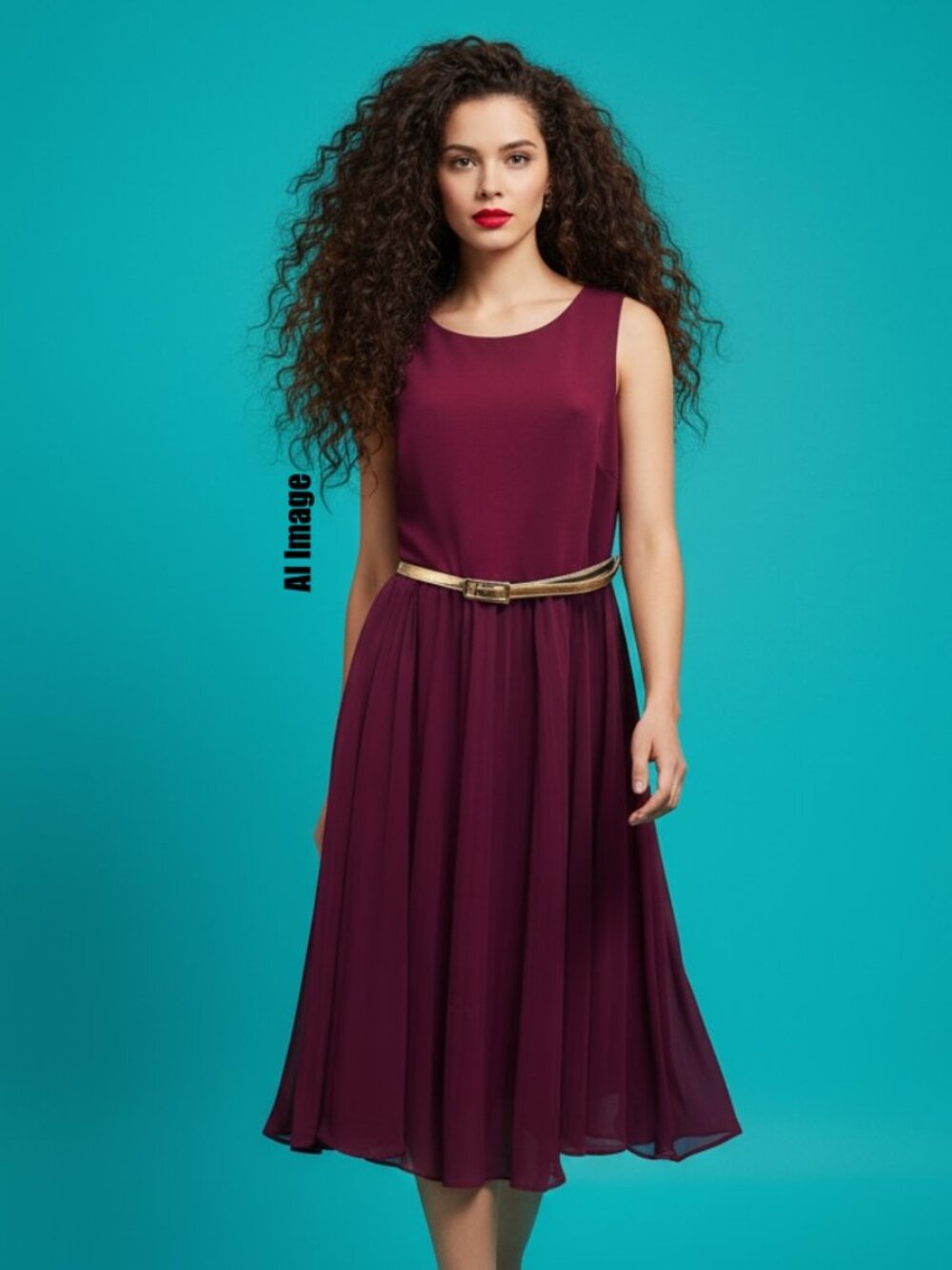 Shelby & Palmer Maroon Fit & Flare Midi Dress Gold Belt Size 12